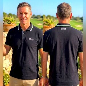 BOSS Hugo Boss Paddy Pro Black Short Sleeve Golf Shirt Green Trim Size M